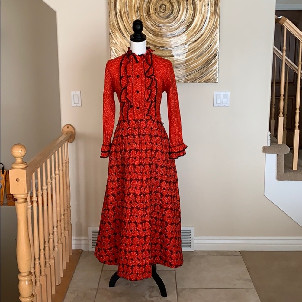 Vintage Orange Floral Ruffled Floral Dress Cotton